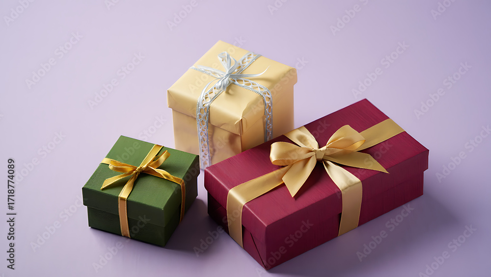 Fototapeta premium Elegant Gift Boxes in Green, Yellow, and Red with Gold Ribbons on a Purple Background