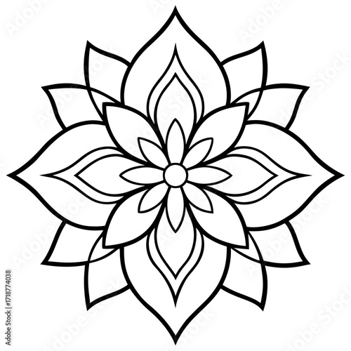 A detailed line art coloring page for adults, featuring an abstract wild floral pattern in the style of a Mandela design