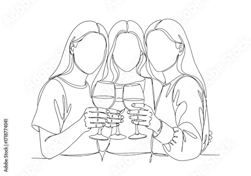 Vector illustration of illustration of three friends toasting with wine glasses, line art