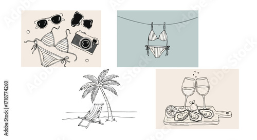 Dreaming of a stylish summer getaway with beach, sunglasses, retro camera, bikini, tropical palm, refreshing drinks and oysters, perfect for social media