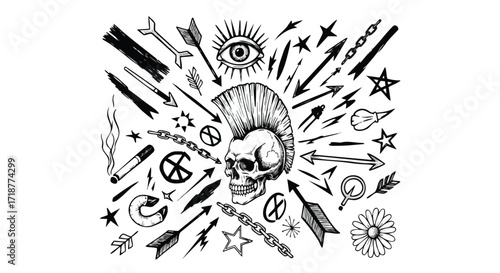 Edgy punk rock drawing with skull, eye, stars and arrows for alternative fashion designs or tattoo inspiration with a vintage grunge feel, perfect for custom projects