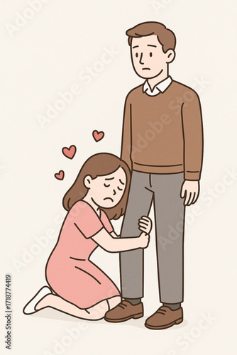 Emotional Cartoon Illustration of Woman Hugging Man’s Leg in Pastel Line Art Style
