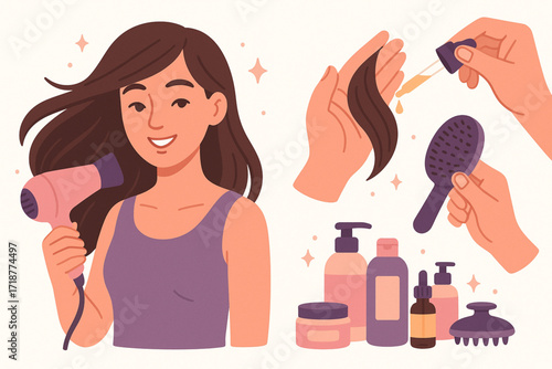 Flat Hair Care and Beauty Routine Icon Collection in Pastel Minimal Style
