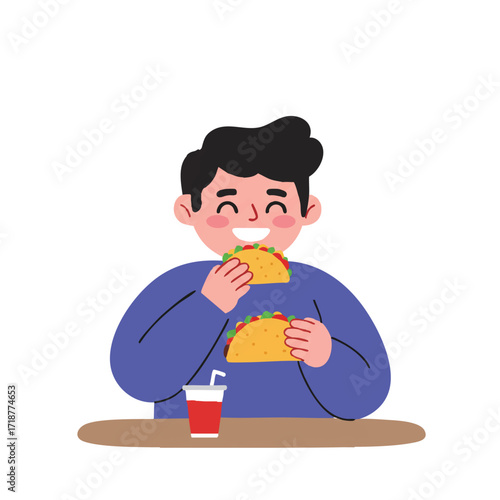 A happy person joyfully eats a delicious taco and drinks at a simple table, depicted in a vibrant 2D flat vector illustration with clean outlines on a white background.