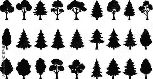 Tree silhouette vector collection, black forest illustration, pine and deciduous plant design, eco friendly woodland graphic, natural park element, environmental nature icon