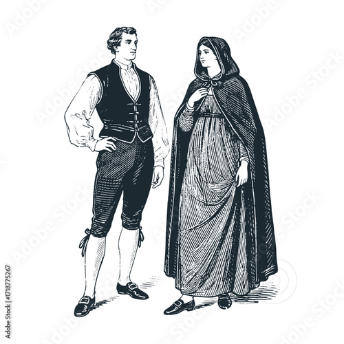 Malta Man: waistcoat & breeches. Woman: għonnella (hooded cloak) & long dress