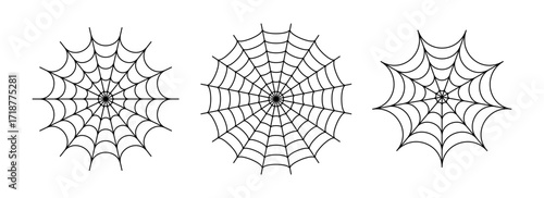 Black line spider web set. Simplified cobweb collection. Halloween frame and borders elements for banner, poster, decoration. Linear spooky tangled net bundle. Vector Haloween pack