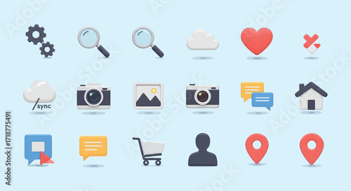 A collection of flat design interface icons including settings, search, cloud, camera, home, shopping, and location symbols on a light blue background.