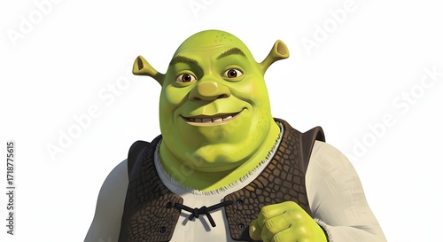 A friendly, computer-animated green ogre with a warm smile and rustic clothing, isolated on a white background.