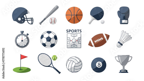 Flat Vector Sports Icons Set – Minimalist Athletic Equipment and Game Symbols Illustration