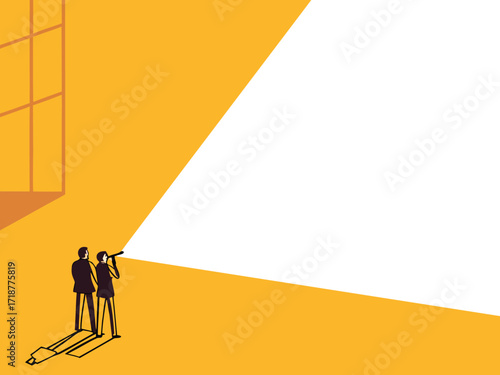 Businessman leader banner holding binoculars with broad vision

