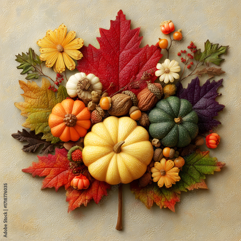 Fototapeta premium Autumn Art Decoration: Combination of Colorful Autumn Leaves, Pumpkins, Flowers and Nuts, Creating Warm Harvest Atmosphere (For Thanksgiving Decoration, Autumn - Themed Design, Home Aesthetics Inspira