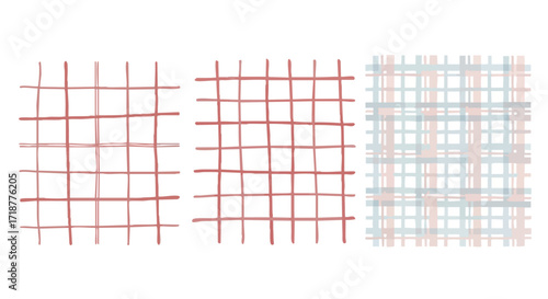 Three plaid patterns in red, pink, and blue on a white background.