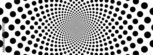 Dotted optical illusion background. Black and white hypnotic rotating dots surface. Spinning spiral circles poster design. Abstract trippy illusion wallpaper for banner, template design. Vector