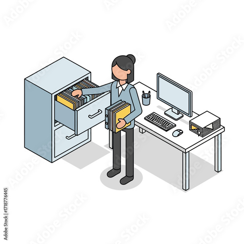 A woman in business attire organizes files in a filing cabinet next to a desk with a computer.