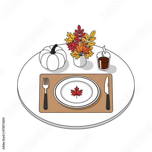 An illustrated autumn-themed table setting with a pumpkin, fall leaves, and a plate featuring a red maple leaf.