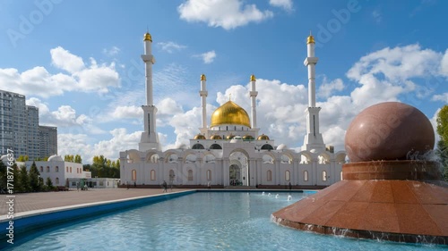 Time lapse of Nur Astana Mosque with clouds and worshippers in Astana, Kazakhstan
