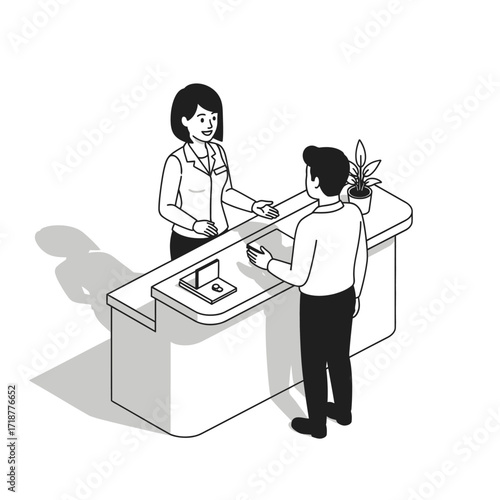 A person is interacting with a receptionist at a reception desk in an office setting.