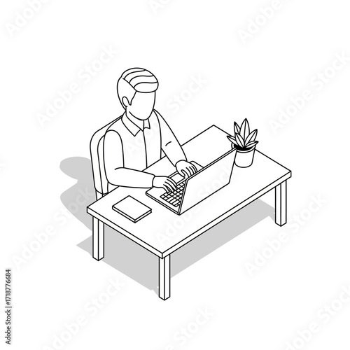 Isometric line art illustration of a man working on a laptop at a desk with a plant and smartphone.