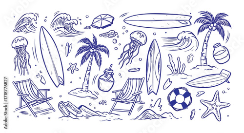 Hand-drawn beach scene with surfboards, palm trees, waves, and beach chairs.