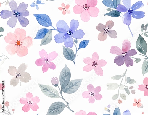 Seamless watercolor pastel floral pattern with subtle ditsy flowers and leaves. Feminine design in purple, pink, and orange hues.
