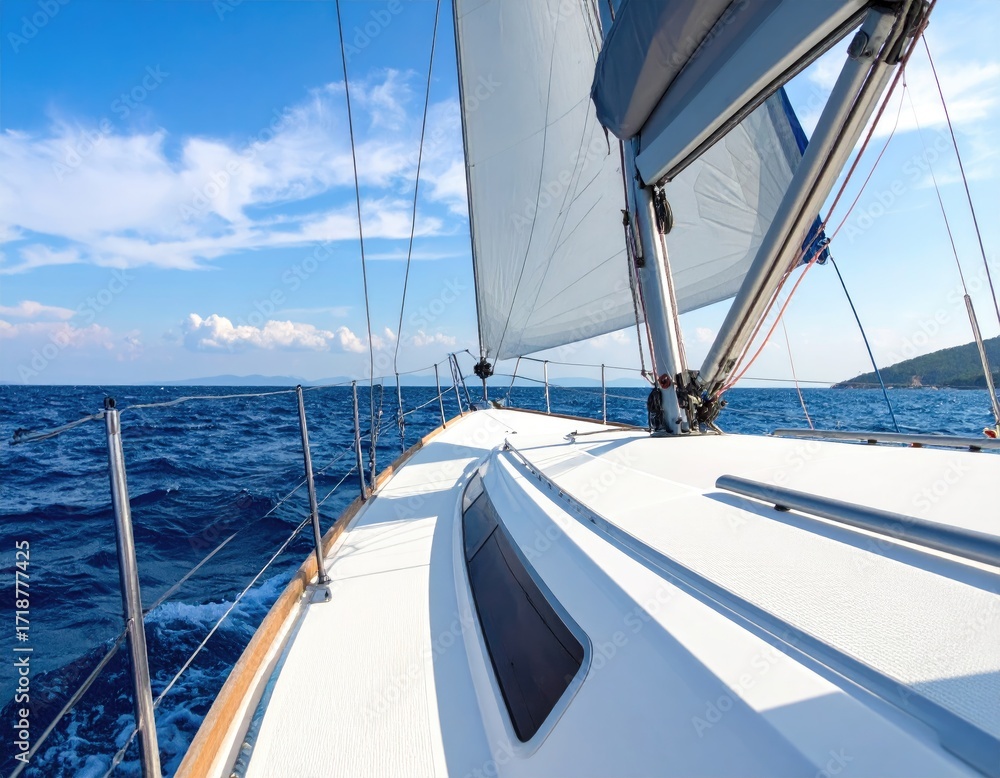 Obraz premium Sailing yacht deck, blue sea, white sails