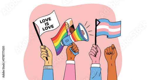 Empowering diverse community rallying for LGBTQ rights with flags and megaphone, symbolizing unity and pride in vibrant social movement for equality