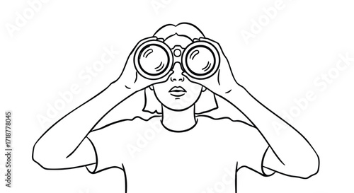 Young woman looking ahead with binoculars searching for new opportunities, ready to explore future trends and anticipate market shifts in business