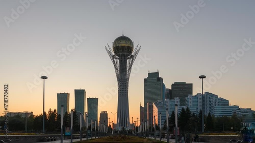 Day to night time lapse of the Baiterek Tower in Almaty, Kazakhstan