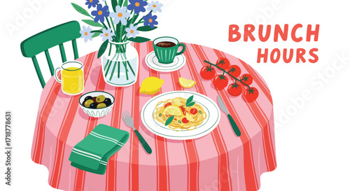 Vibrant brunch spread with pasta, olives, juice, coffee, and fresh tomatoes invites joyful dining experiences.