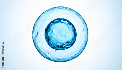 Isolated light blue microscopic biological cell with a floating central nucleus, creating a clean pure embryo visual.