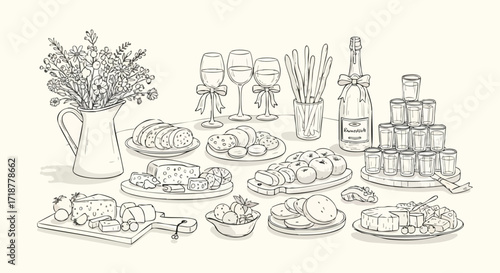 Elegant spread of gourmet cheeses, bread, fruits, and sparkling wine creates a sophisticated celebration scene perfect for entertaining.