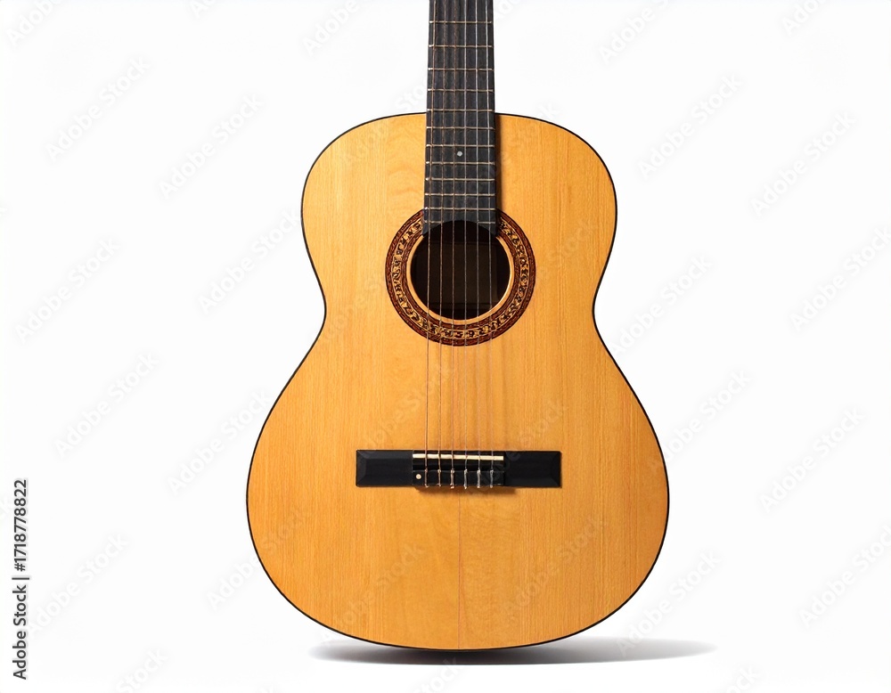 Obraz premium Classic wooden acoustic guitar, full view isolated on white background