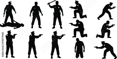 Police officer silhouettes with guns and baton vectors set