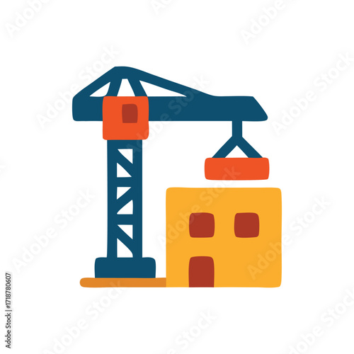 Construction site a towering crane assists with a buildings skeleton at the construction site.