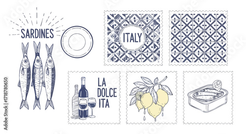 Authentic Italian culinary icons featuring fresh sardines, wine, lemons, and classic tile patterns, evoking a delightful taste of La Dolce Vita