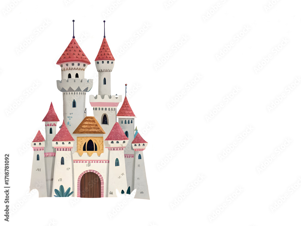 Fototapeta premium Fairytale castle illustration with pink and white towers isolated on transparent background