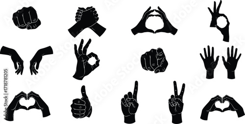 Hand gestures vector illustration set black and white art
