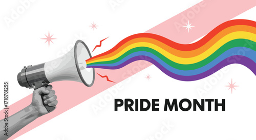 Celebrate Pride Month with vibrant rainbow colors, amplified through a megaphone, symbolizing equality, diversity, and the power of voice