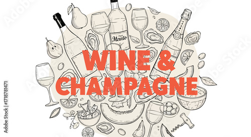 Elegant wine and champagne celebration design featuring hand-drawn bottles, glasses, and gourmet food perfect for upscale events and sophisticated promotions