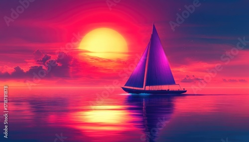 Vibrant Sunset Sailboat on a Calm, Reflective Ocean with Pink and Purple Hues