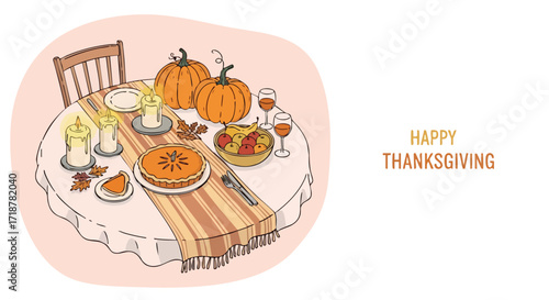 Cozy Thanksgiving table setting with pie, pumpkins, and candles creating a warm, inviting atmosphere for family gatherings and seasonal celebrations