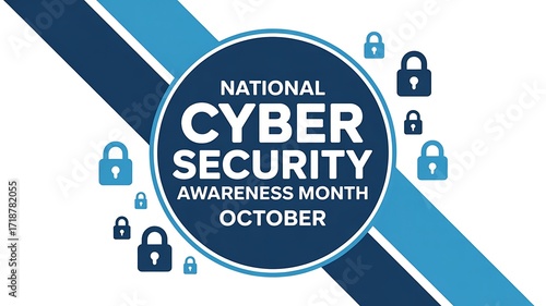 National cybersecurity awareness month october graphic with padlocks and blue diagonal stripes symbolizing protection and digital security