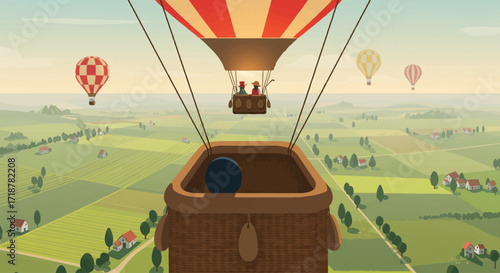 A compelling flat design illustration from the unique perspective of a hot air balloon basket, showcasing an aerial view of the landscape and other balloons. 