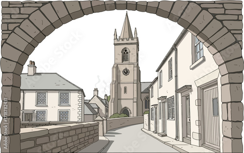 Quaint village church town through stone archway illustration