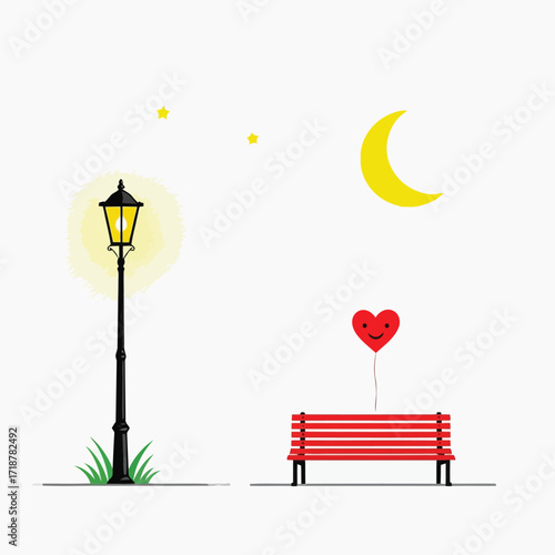 Vector illustration of illustration of romantic night scene with lamppost, bench, and moon