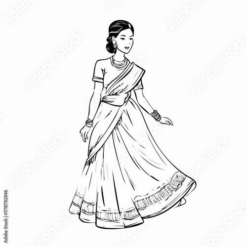 Graceful outline illustration of a South Asian woman adorned in a traditional saree and ethnic jewelry, celebrating cultural heritage and feminine elegance in a captivating pose