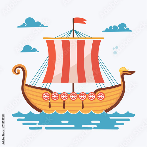 Stylized illustration of a traditional Viking longship, featuring a colorful striped sail and decorative shields, sailing on blue waves under a clear sky