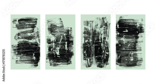 Abstract black brush strokes on subtle mint green background, modern textured art panels for interior decor and graphic design projects