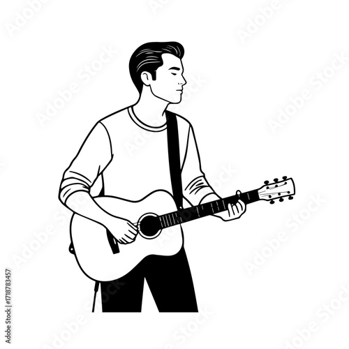Black and white line art of a cool man playing guitar in casual outfit minimalist stylish illustration
